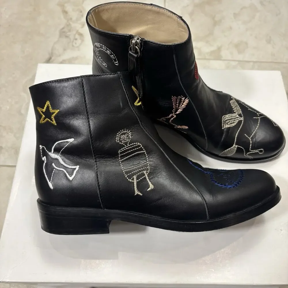 Carven Leather Boots Womens 6 Western Side Zip Embroidered Original Box Dust Bag